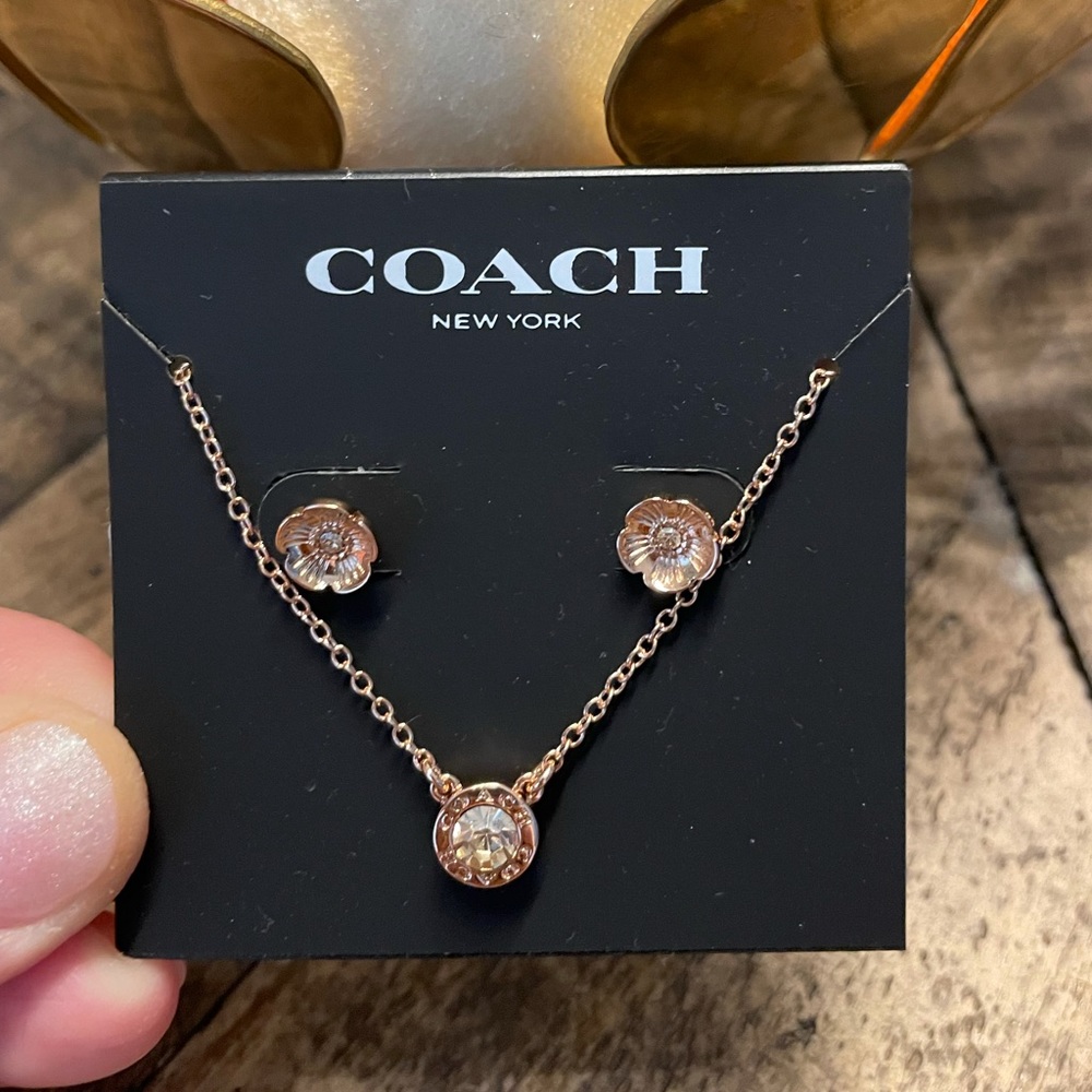 Coach rose gold tone floral earring and necklace